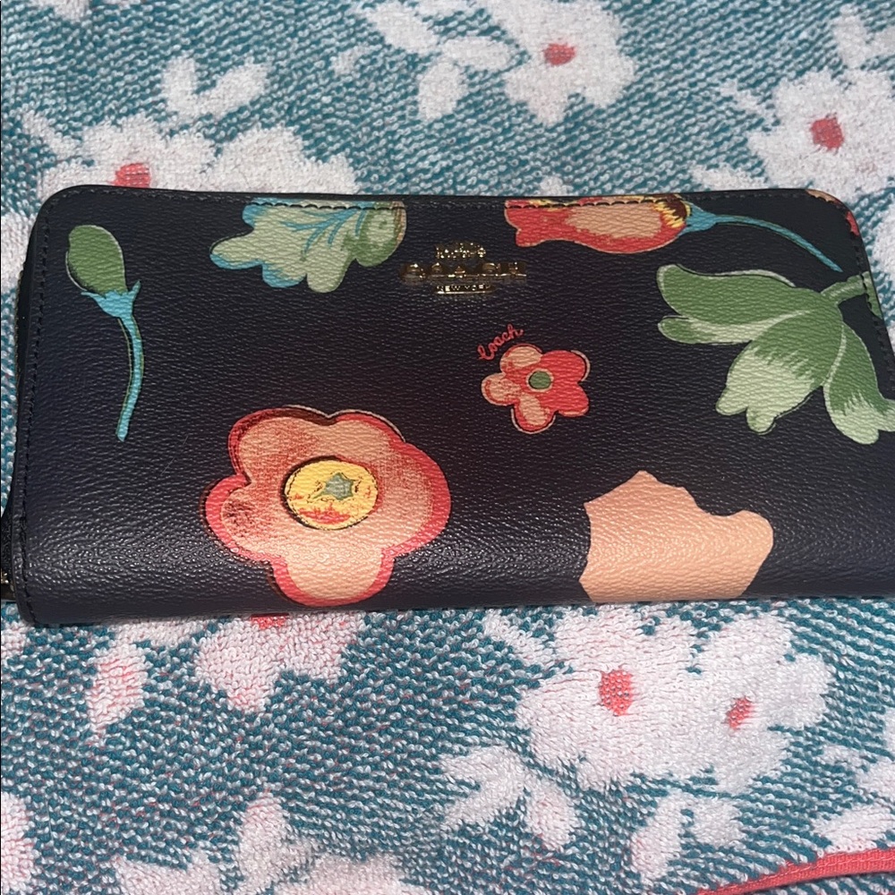 Coach Black Floral Zip Wallet with Pink, Red and Green Accents